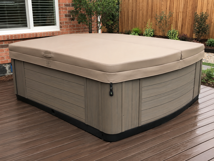 Hero: a Hot Spring spa with a new, well-fitted cover in place, clean backyard deck.