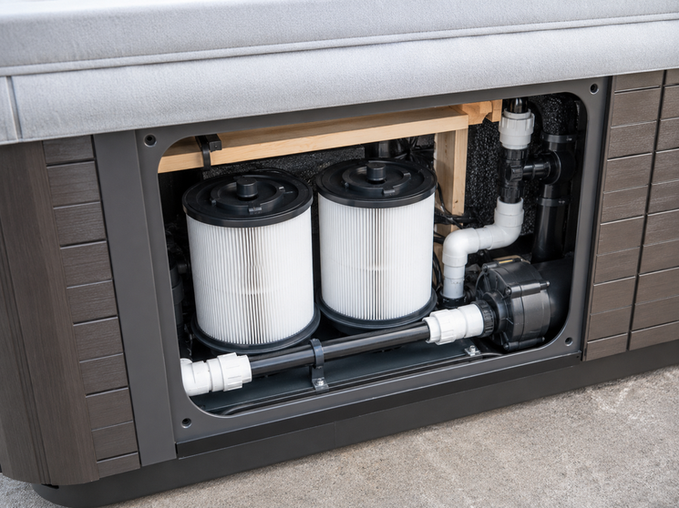 Hero: a Limelight spa with equipment panel open, two filter cartridges visible side by side.