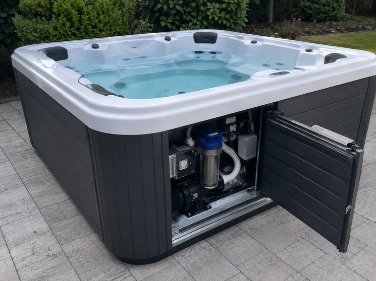 Hero: a Free Flow spa with clear water, equipment compartment open showing an in-line cartridge holder.