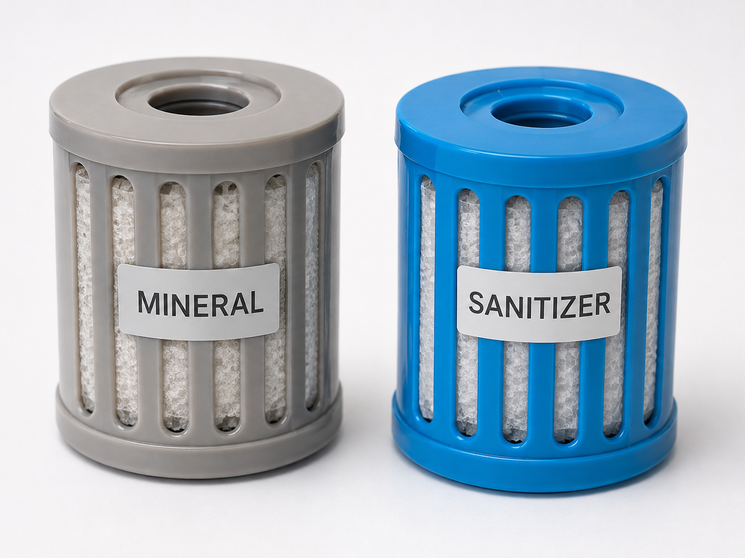 Close-up of a FROG mineral cartridge and SmartChlor cartridge side by side