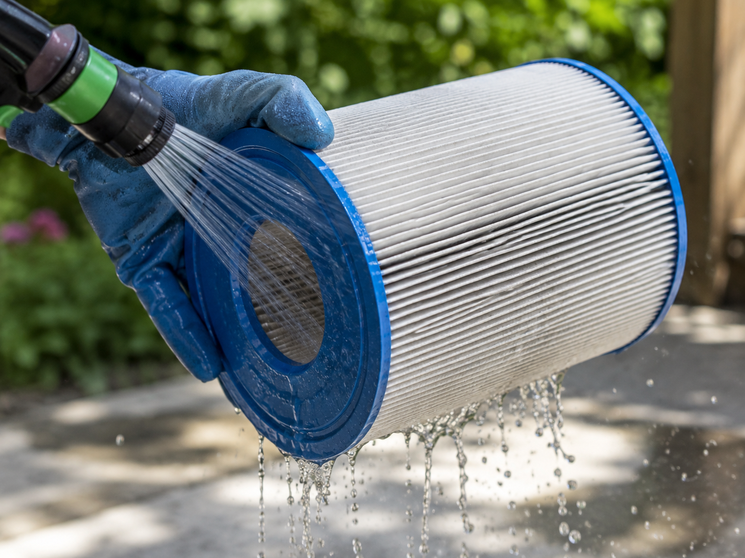 Photo of a filter being rinsed with a garden hose