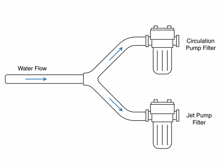 Diagram of water flow split between circulation and jet pump filters.
