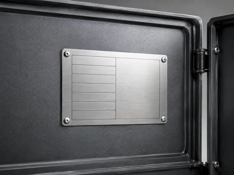 Close-up of a spa data plate