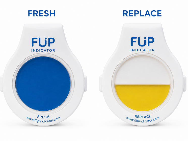 Photo of the flip indicator in fresh vs. replace positions