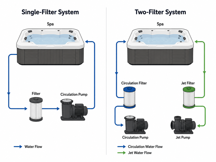 Comparison graphic of single-filter vs. two-filter systems