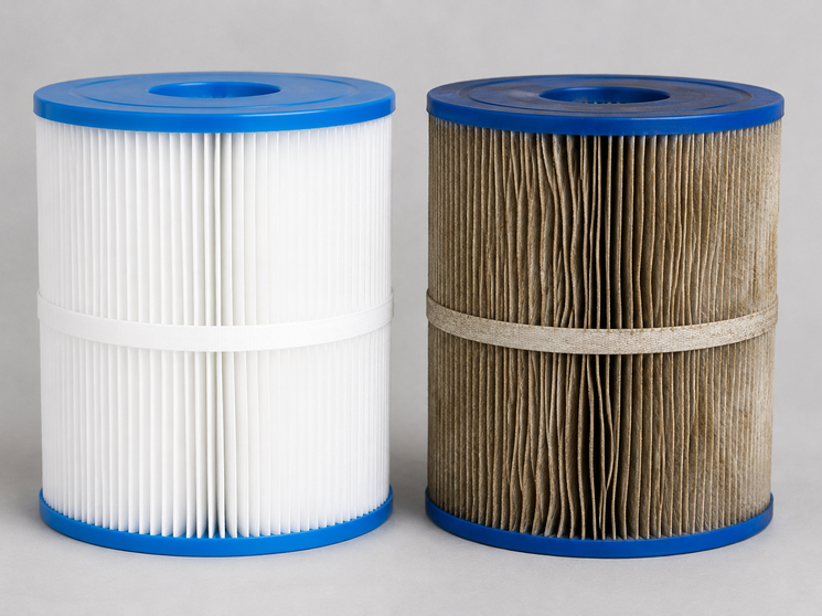 Side-by-side of a new clean filter and an overdue discolored filter