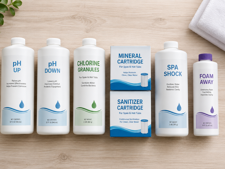 Product lineup shot of FROG Chemicals available on the Prisco Caldera site.