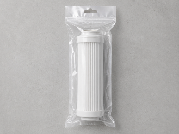 Product flat lay of a spare filter cartridge in packaging.