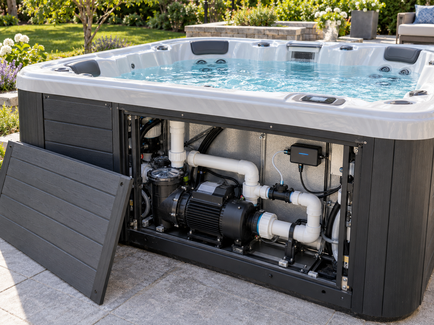an AquaTerra spa with clear water, equipment compartment open showing the ozonator unit