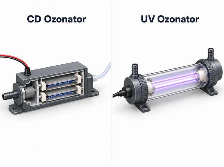 Side-by-side comparison graphic of a CD ozonator unit vs. a UV ozonator bulb assembly
