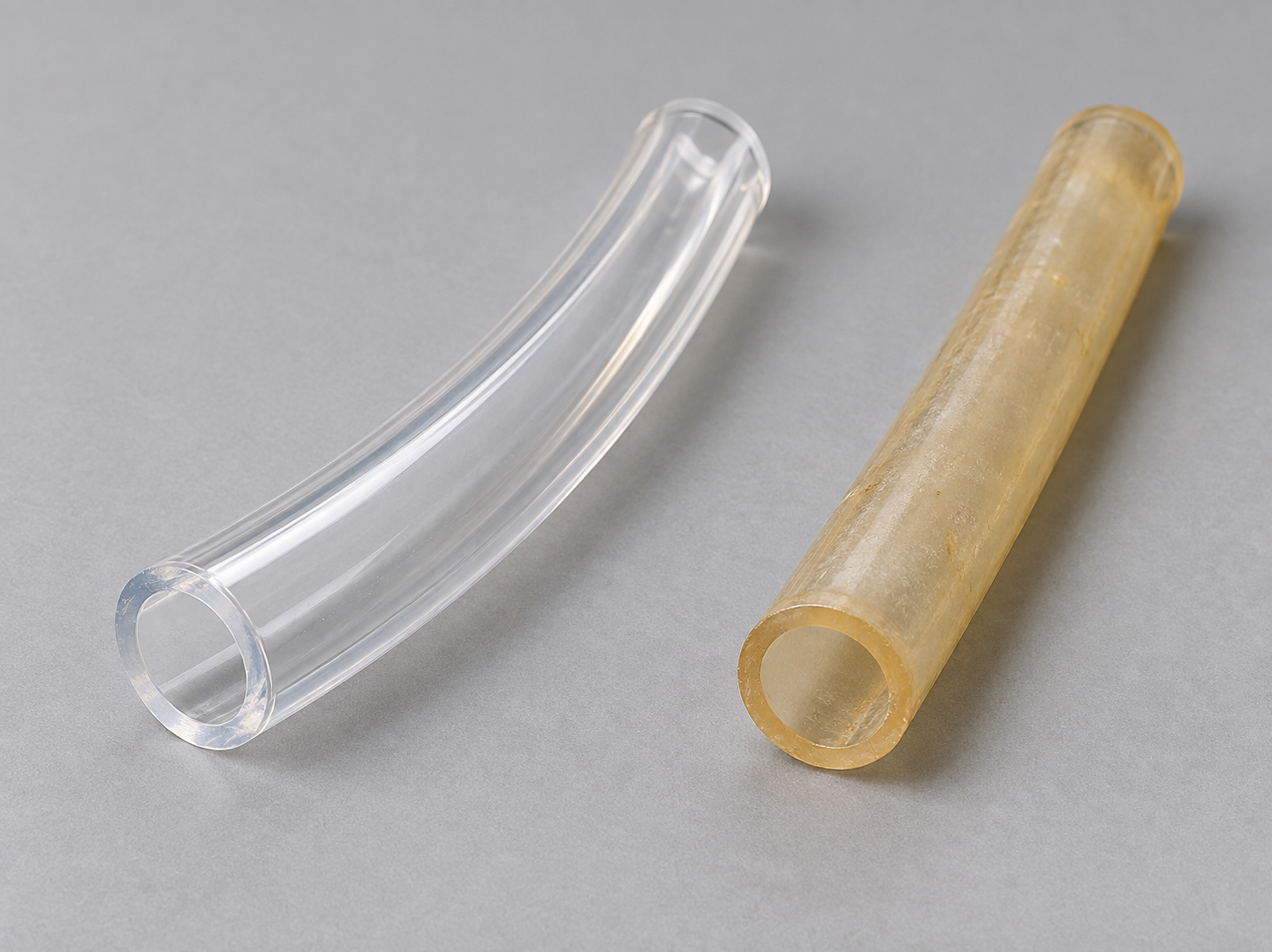 Close-up of ozone tubing showing the difference between flexible new tubing and yellowed, brittle old tubing