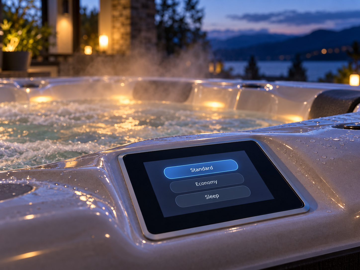 close-up of an AquaTerra spa control panel with mode selection visible, steam rising from the water behind it