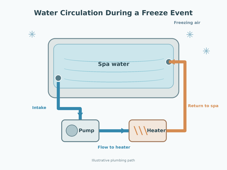 Diagram showing water circulating through spa plumbing during a freeze event