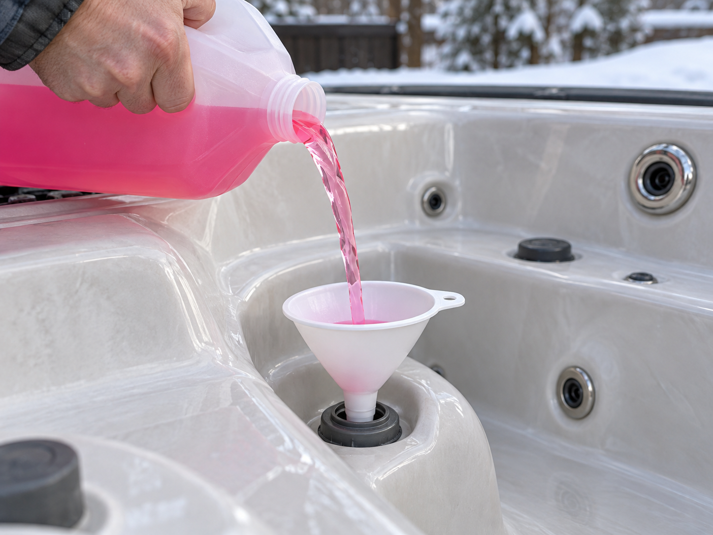 Funnel pouring pink RV antifreeze into a filter suction fitting