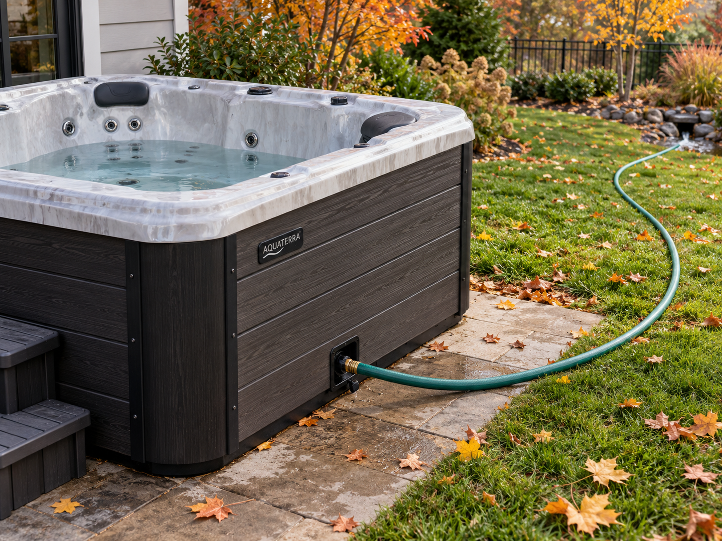 an AquaTerra spa being drained with a garden hose attached to the hose bib beneath the cabinet