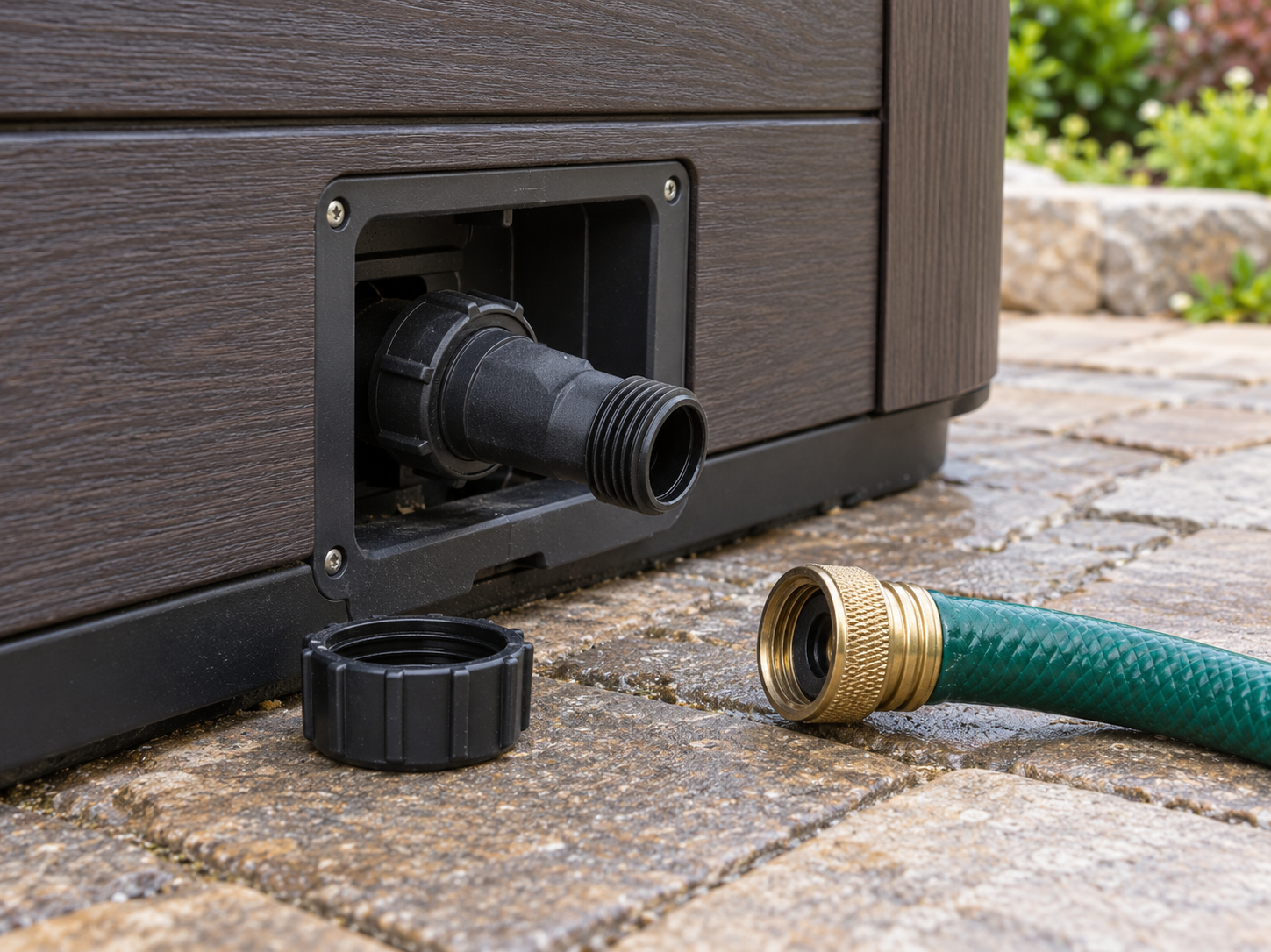 Close-up of a hose bib pulled out from the recess under a spa with the drain cap removed