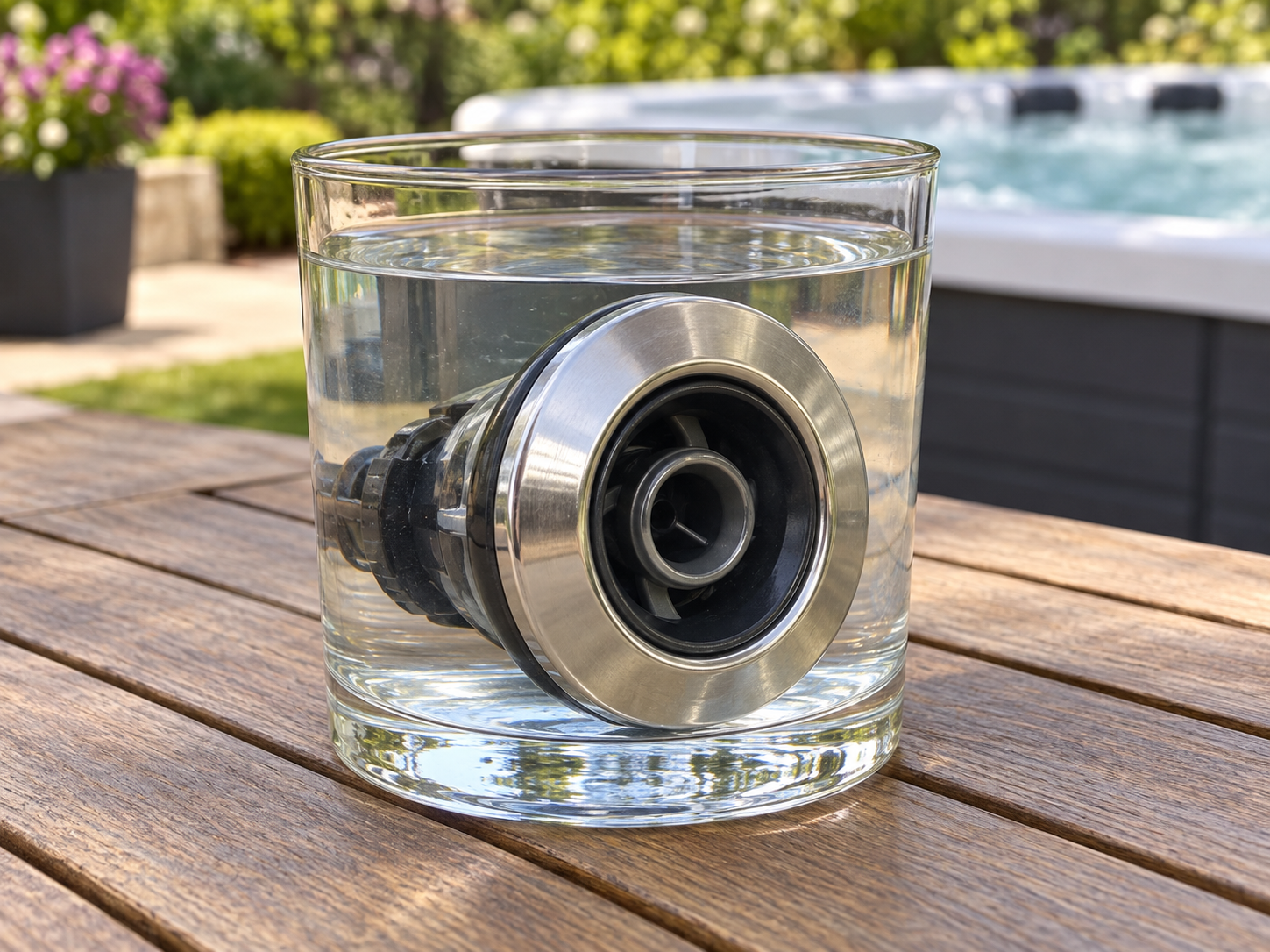 Jet face soaking in a cup of white vinegar on a patio table