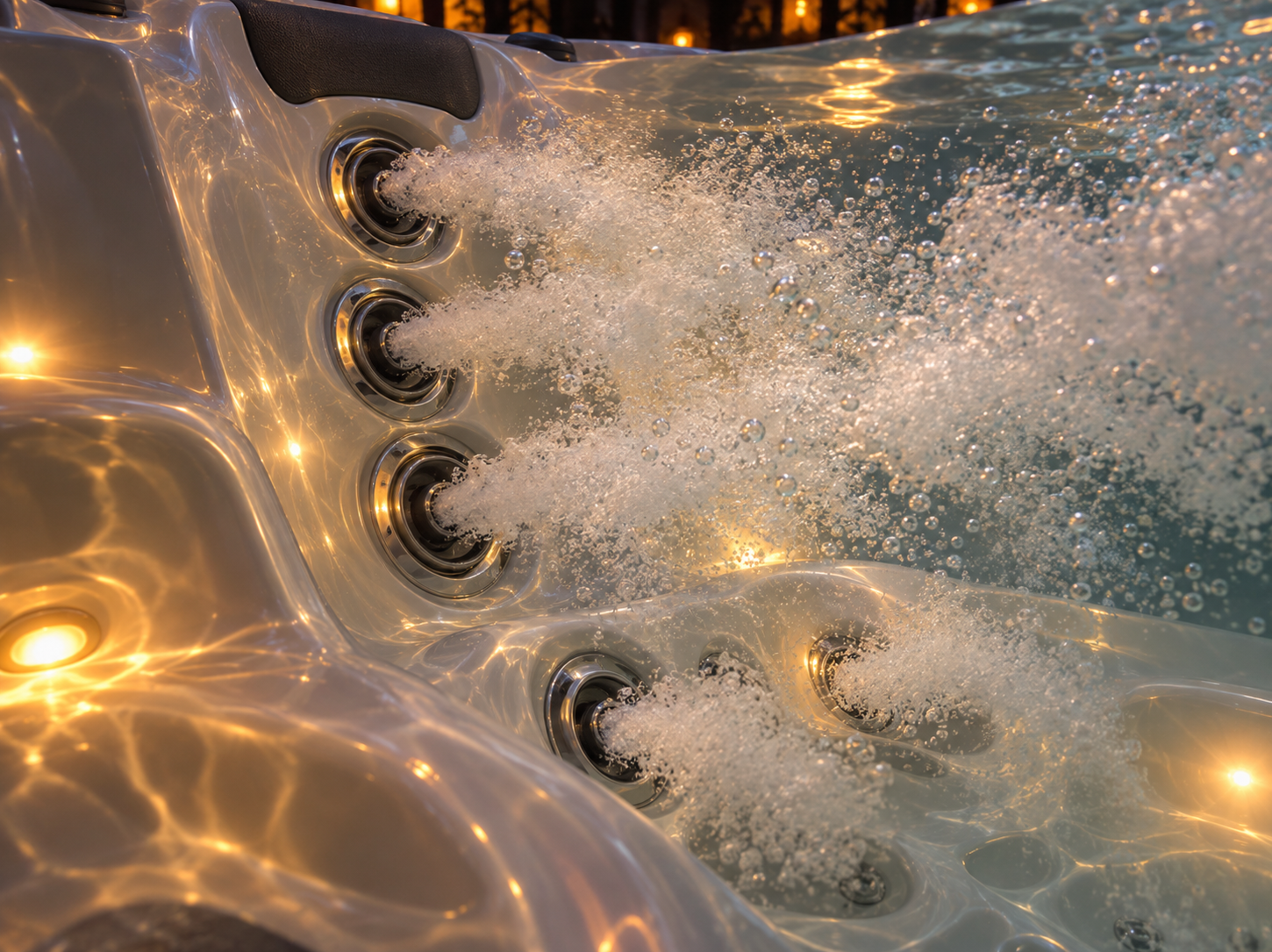 Hero image: close-up of a Caldera spa seat with several jets running, water swirling, evening lighting