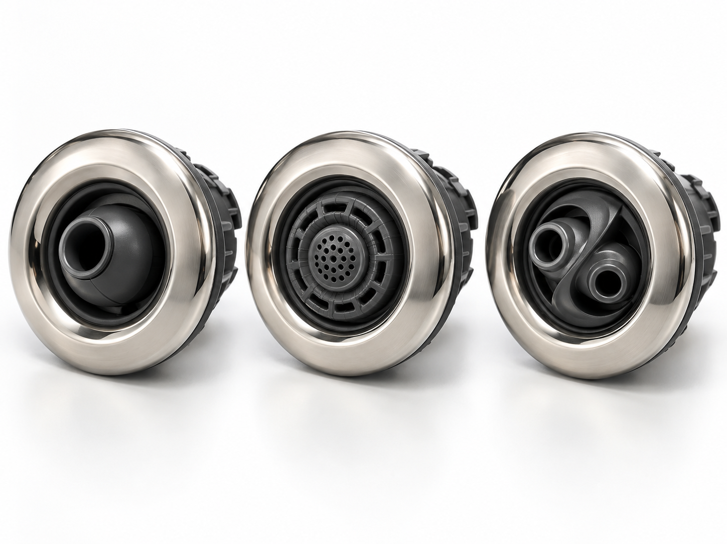 Side-by-side product shots of different jet faces: directional eyeball jet, pulsating jet, and rotating jet