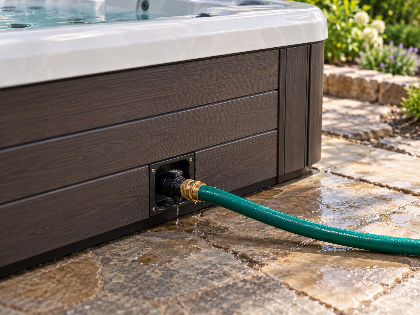 Close-up of a spa's front drain valve with a garden hose attached