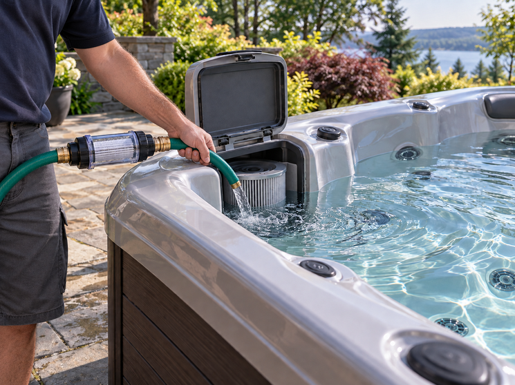 Hero image: a Caldera spa being refilled with a garden hose placed in the filter compartment