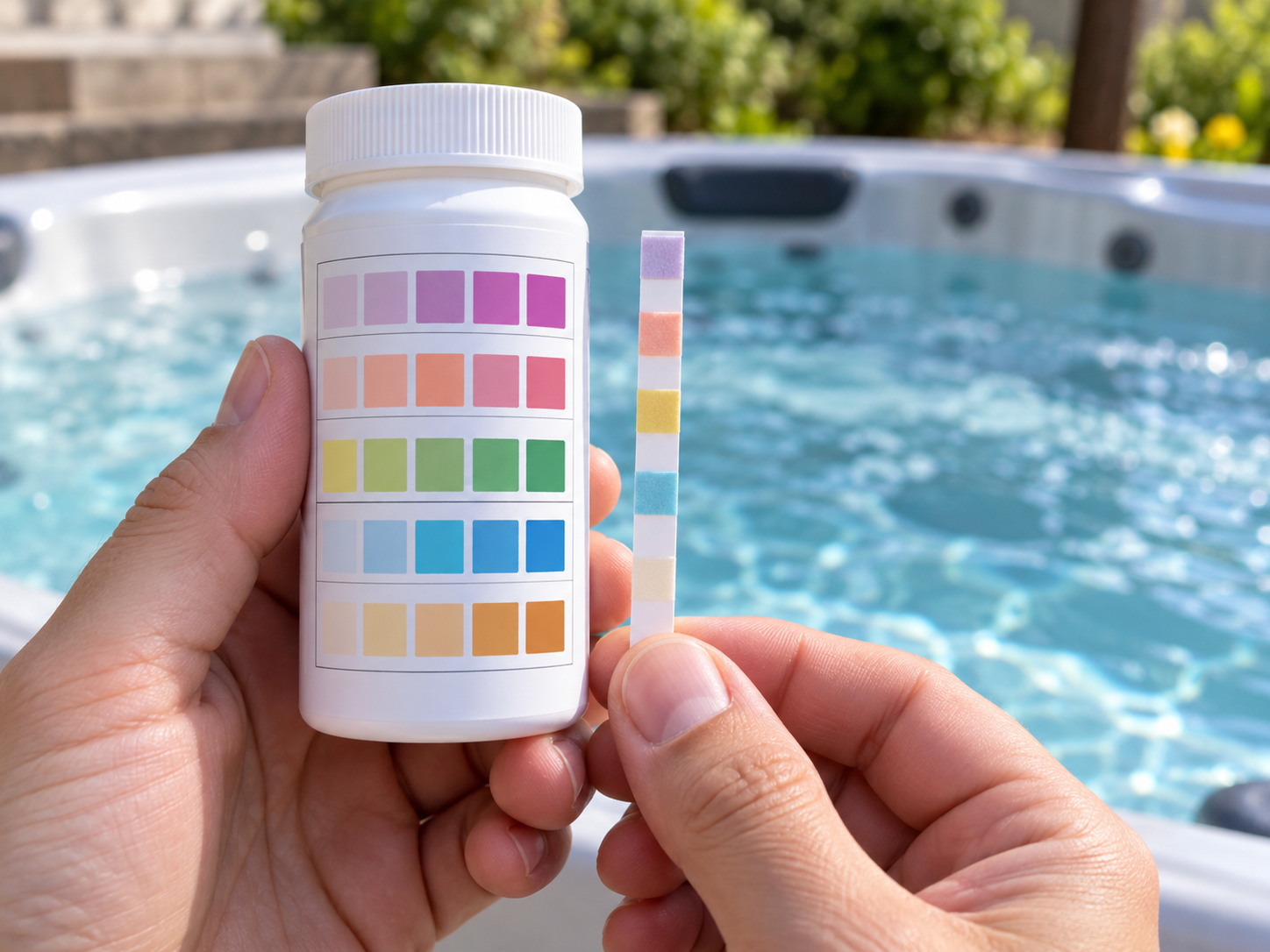 Test strip held against a color chart beside the spa