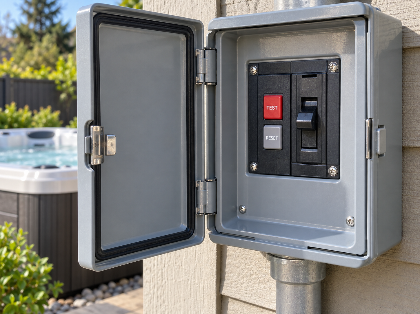Close-up of a GFCI breaker in an outdoor spa subpanel with the reset button visible
