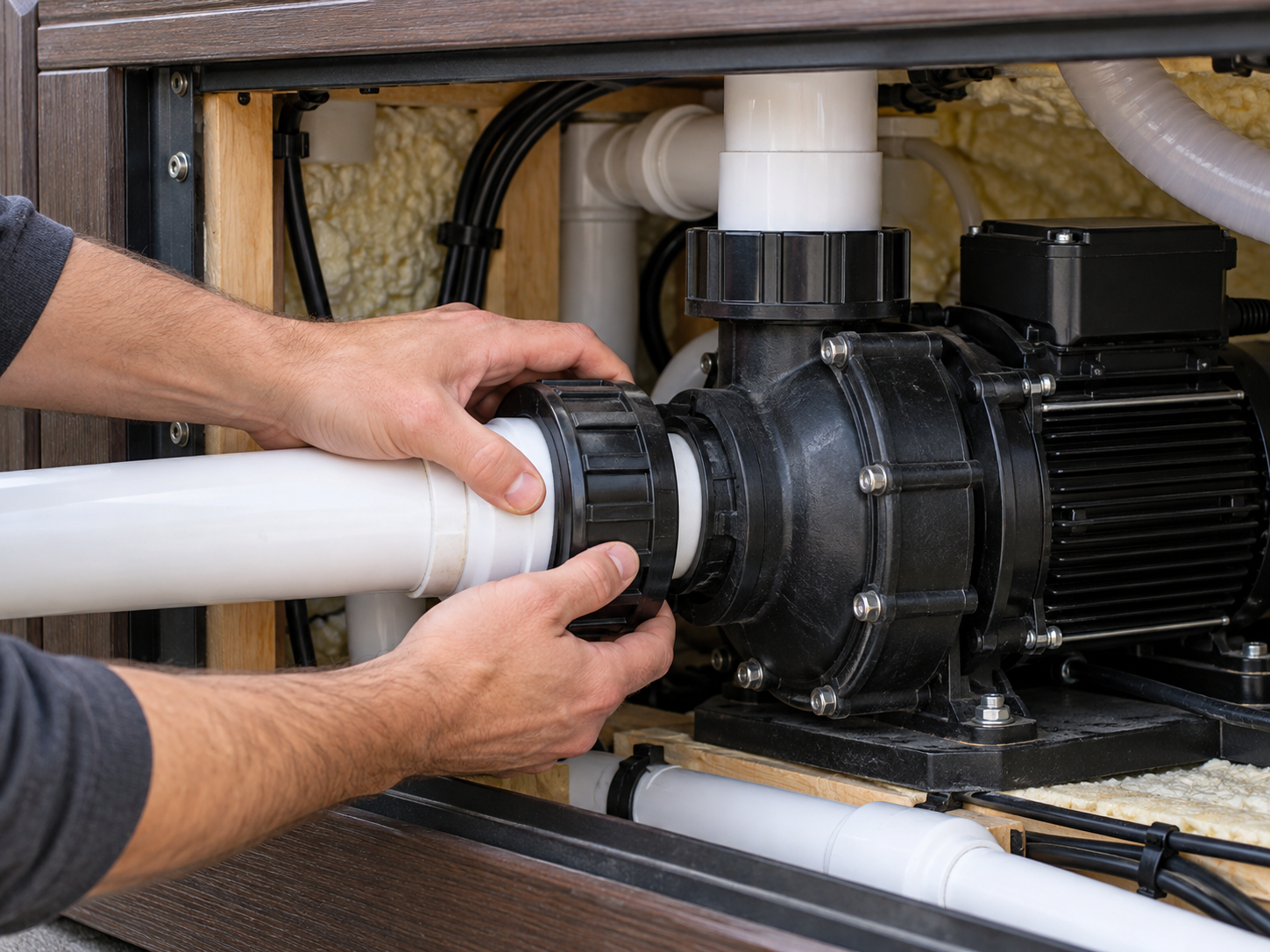 Open equipment compartment showing a pump union fitting being hand-tightened
