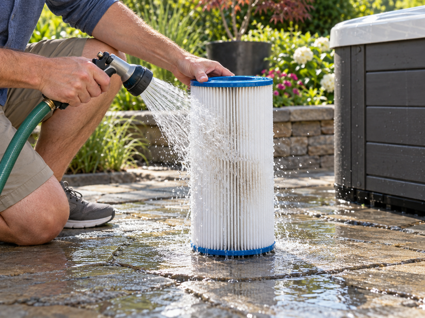 Filter being rinsed with a garden hose on a patio, water sheeting off the felt surface