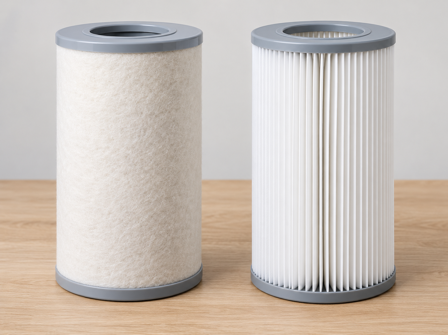 Close-up of a Tri-X filter showing its no-pleat felt media next to a traditional pleated polyester cartridg