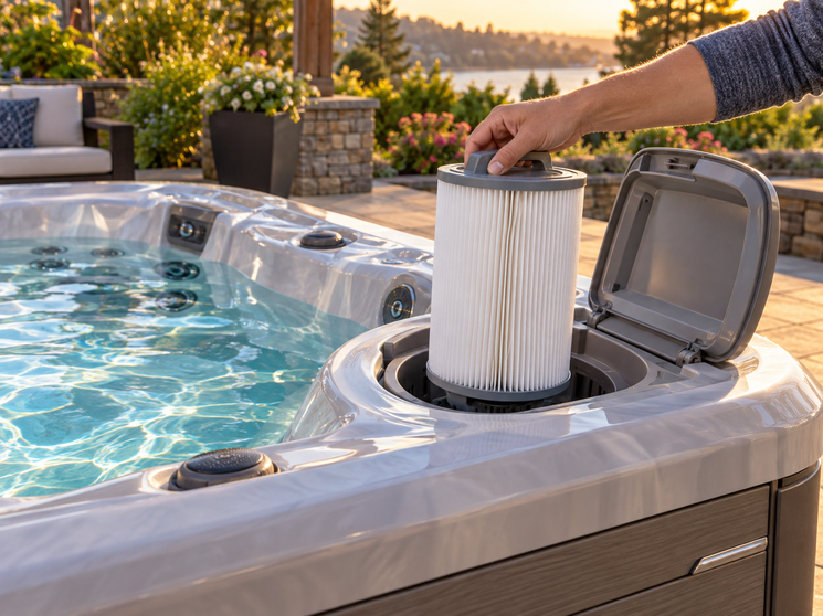 Hero image: a Hot Spring spa with the filter compartment lid open and a clean Tri-X filter being lifted out