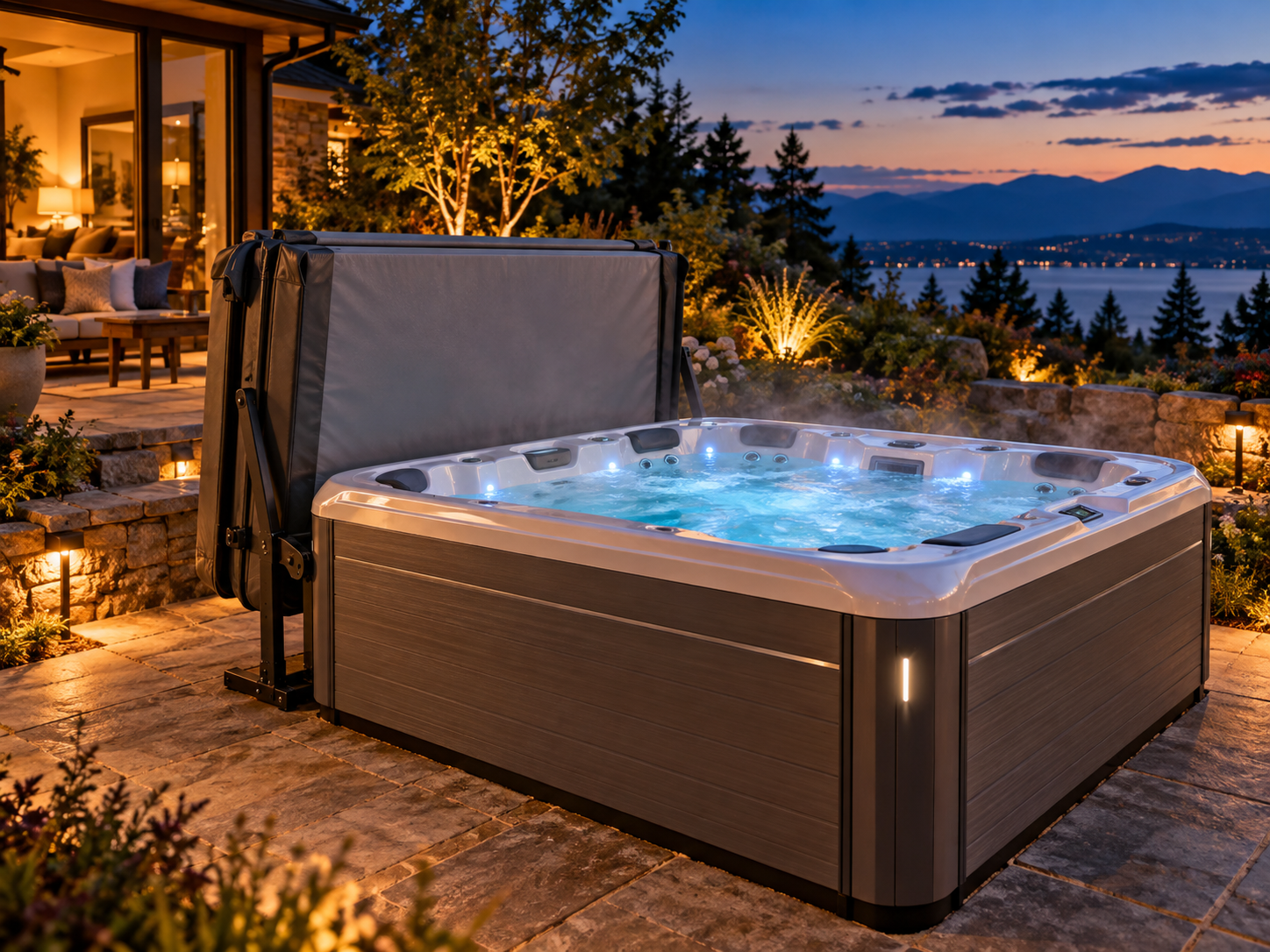 Hero image: a Hot Spring spa with its cover resting open on a cover lifter behind the spa, backyard at dusk