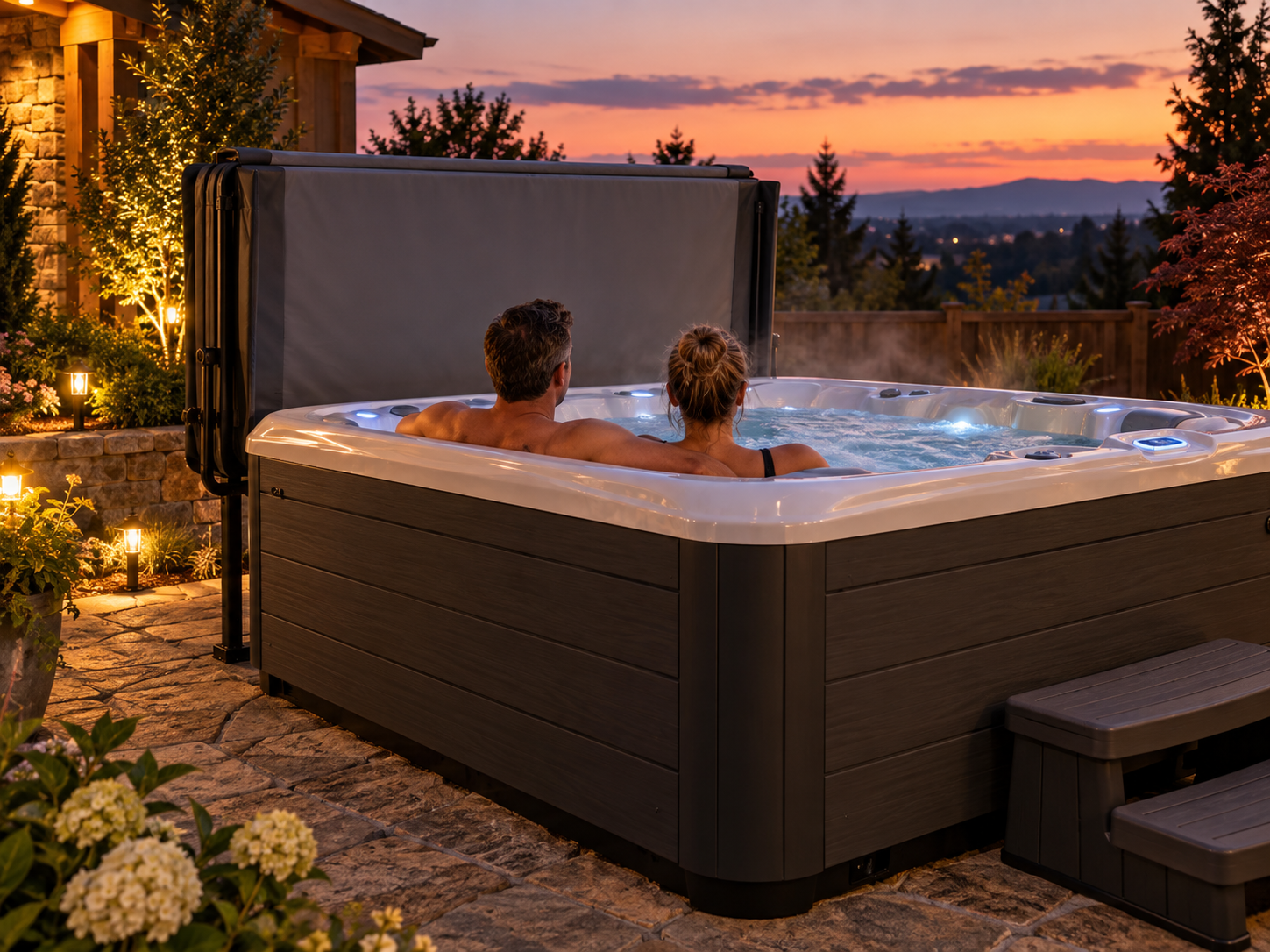 Photo of a cover folded upright behind the spa acting as a privacy screen -->