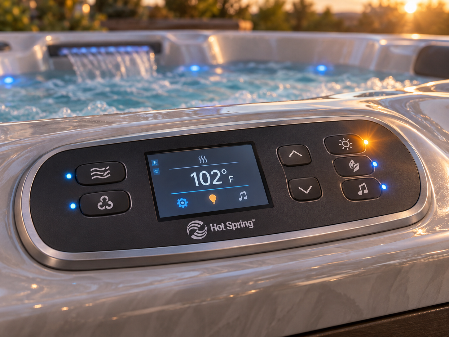 Close-up of a spa control panel with indicator lights, one blinking