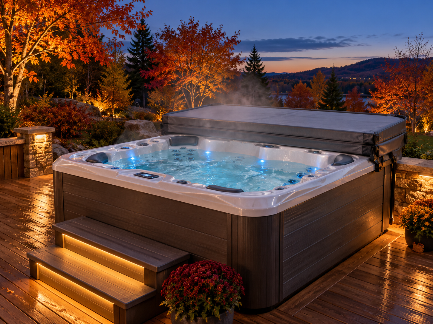 Hero image: a Hot Spring spa on a cool evening with the cover partially open and steam rising faintly