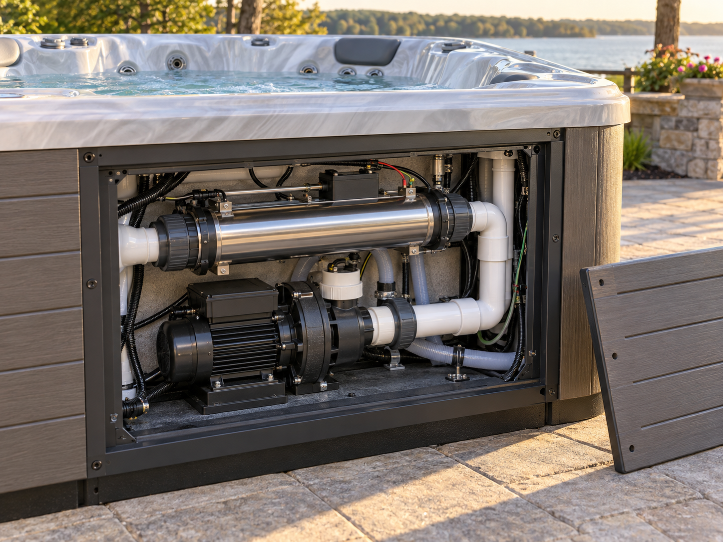 Photo of an open equipment compartment showing the heater assembly and circulation pump