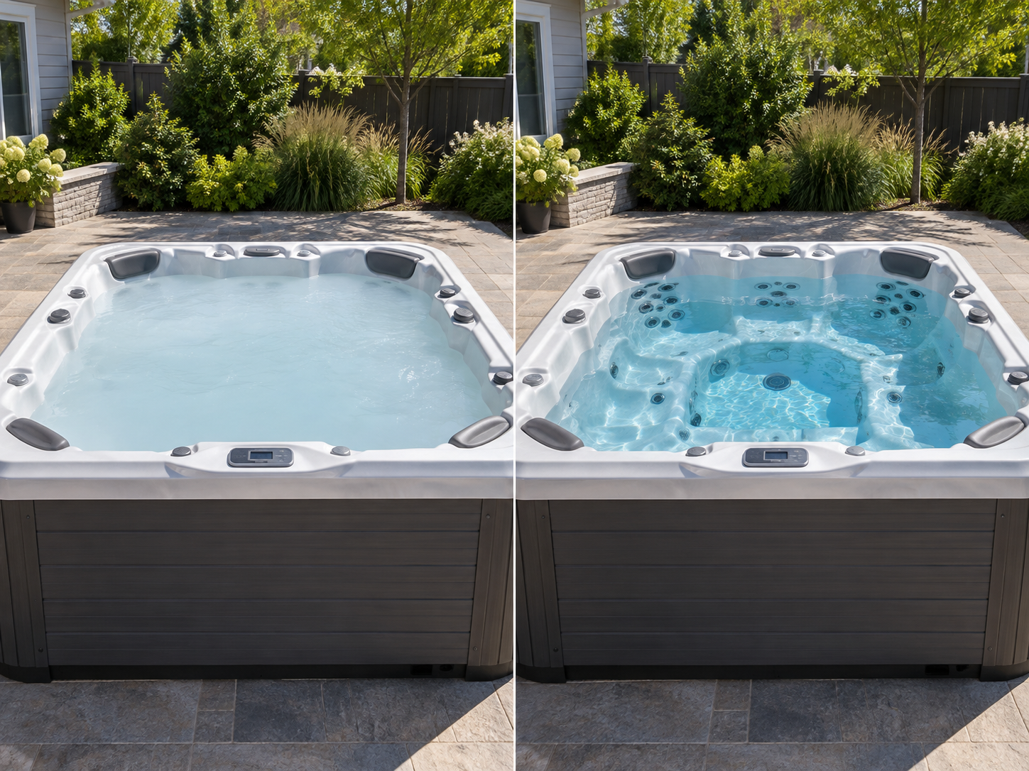 Hero image: side-by-side of a hot tub with cloudy water and the same tub with crystal-clear wat