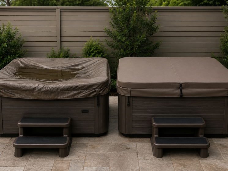 Comparison photo of a waterlogged cover vs. a properly fitted new one