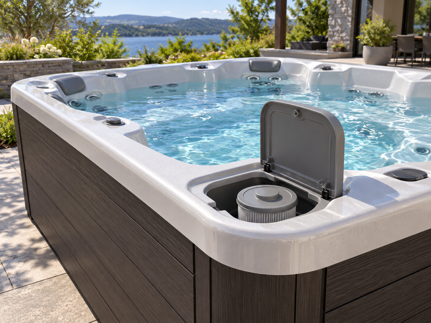 Limelight spa with clear, sparkling water and the filter lid open, showing the gray filter cap where the ACE cell sit