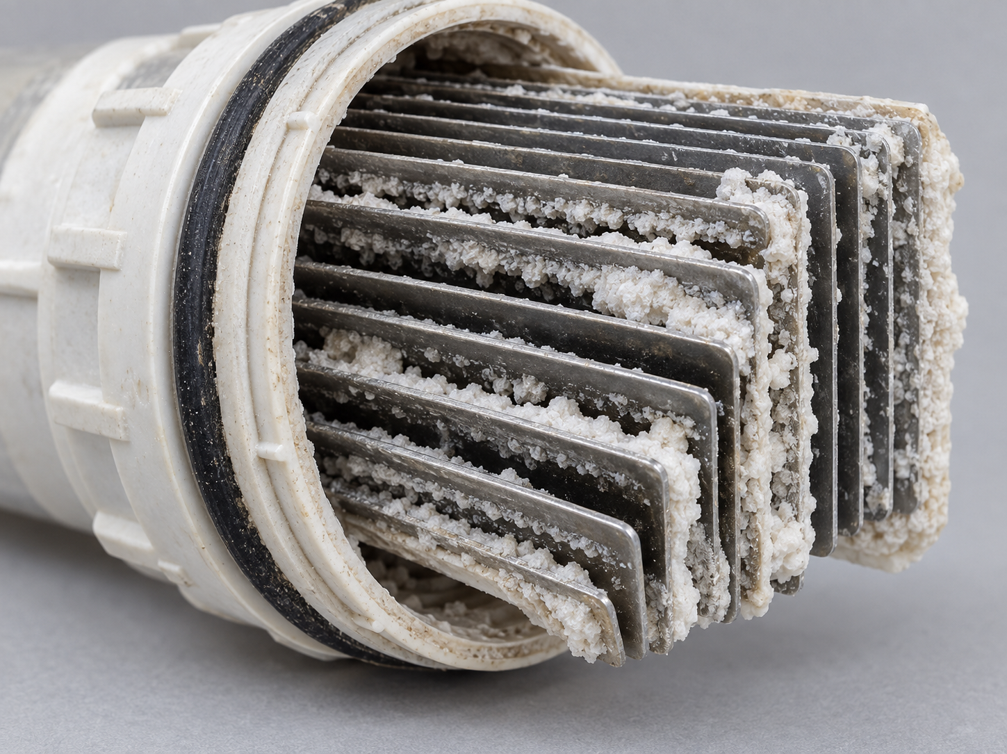 Close-up of a salt cell with scale visible between the electrode plates