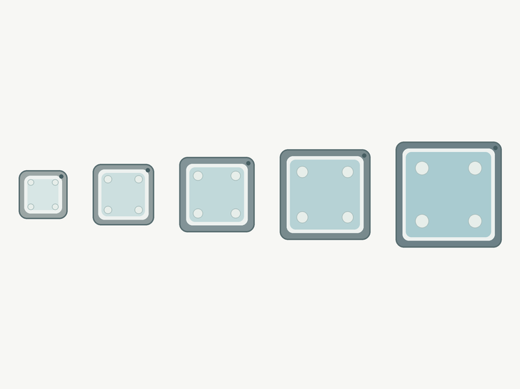 Overhead lineup graphic of five spa footprints in different sizes