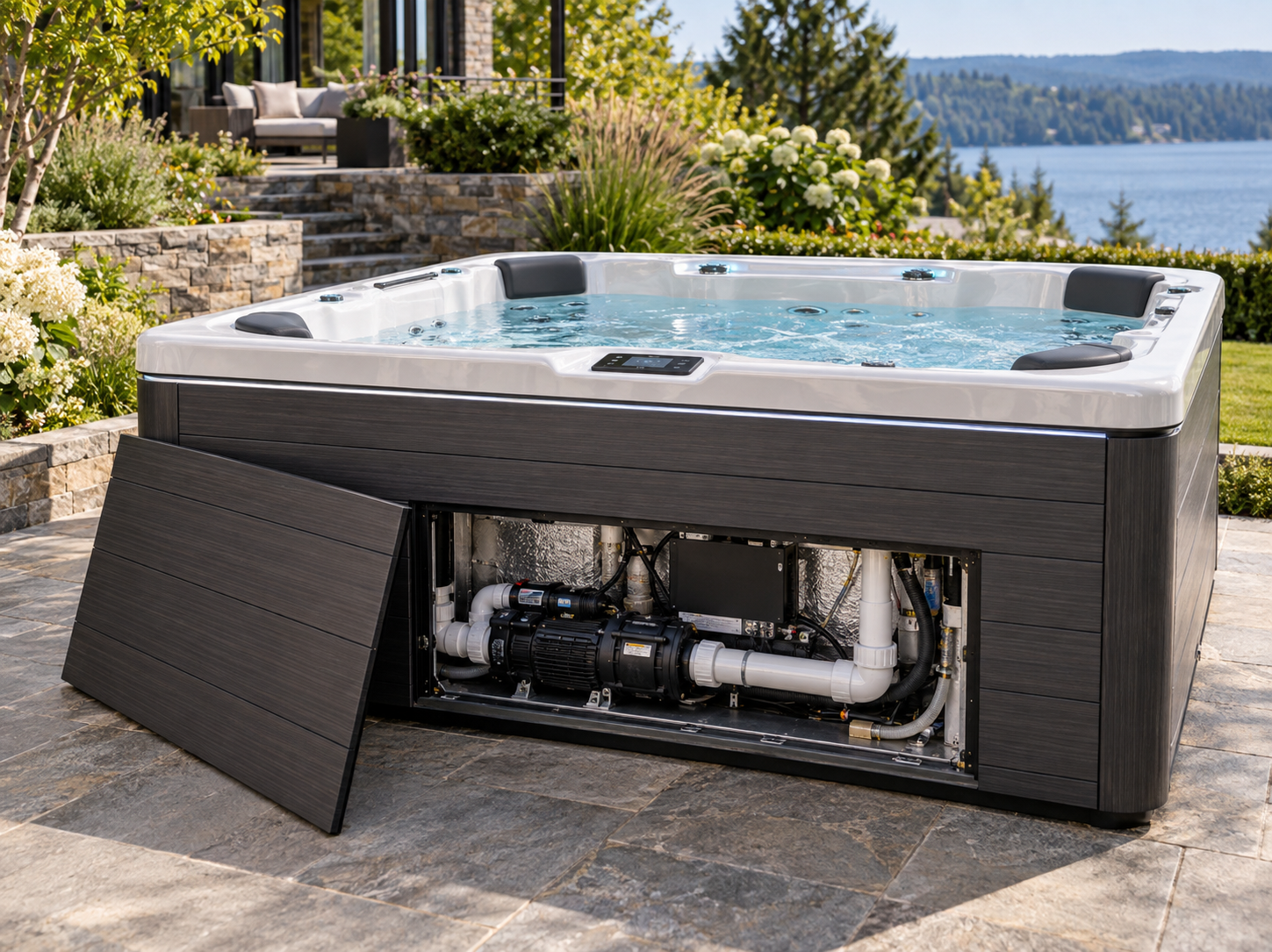 Hero image: a Limelight spa in a backyard setting with its equipment compartment door removed