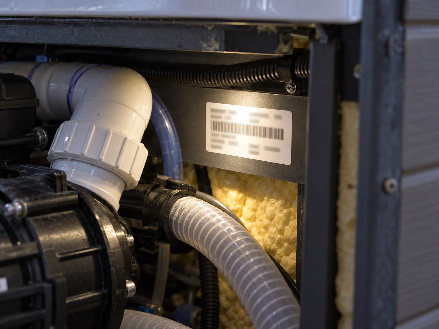 Close-up of a spa serial number label inside an equipment compartment