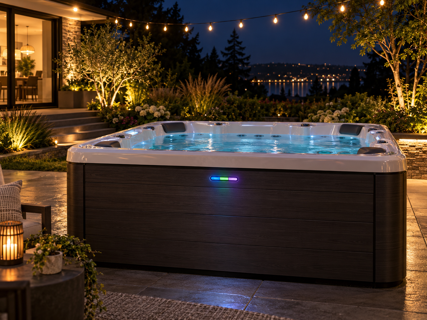 Limelight spa at night with its front logo light glowing